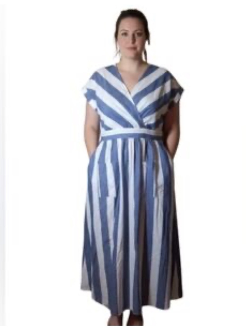 NWT Ashley Stewart Blue & White Striped Linen Blend Midi Dress Pockets Size 20